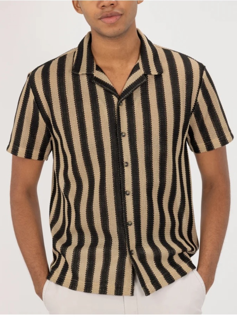 San Francisco work shirts textured Woven Crochet Camp Shirt Black tan stripe